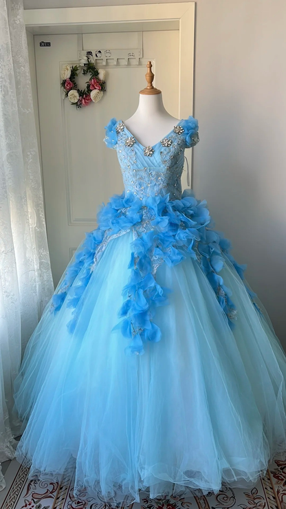Sweet 15 Quinceanera Dresses Ball Gown V Neck Blue Tulle With Beading Long 16th Birthday Dress RC0692