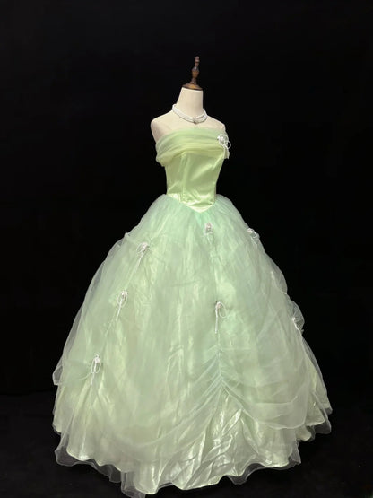 Beautiful Ball Gown Strapless Sage Green Tulle Long With Ruffled Quince Dress inspo Quinceanera Dresses Sweet 15 16 Outfits RB7827