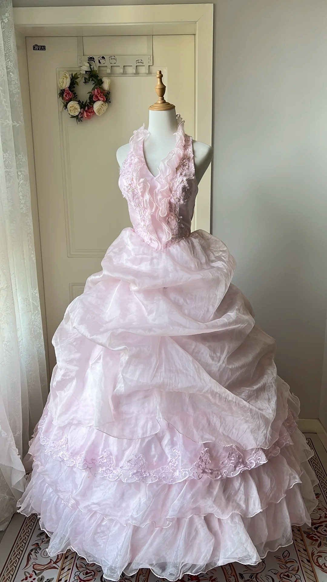 Sweet 15 Quinceanera Dresses Ball Gown Halter Pink With Lace Long 16th Birthday Dress RC0697