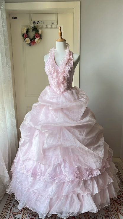 Sweet 15 Quinceanera Dresses Ball Gown Halter Pink With Lace Long 16th Birthday Dress RC0697