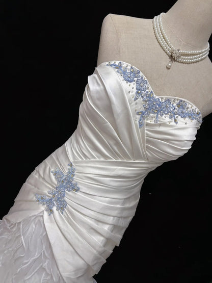 Vintage 90s Mermaid Sweertheart White Satin With Tiered Ruffled Long Prom Dresses Formal Outfit Evening Night Dress RB7828