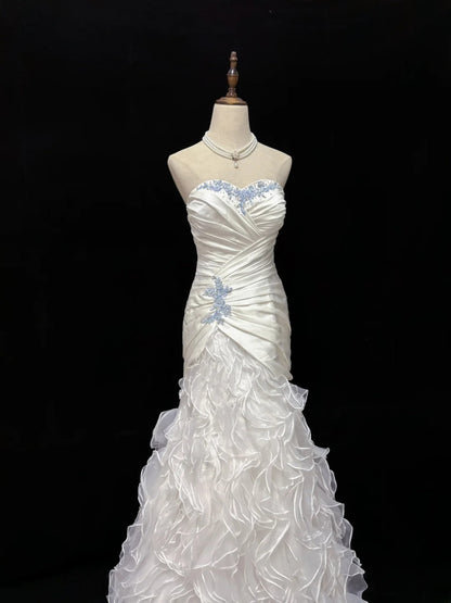 Vintage 90s Mermaid Sweertheart White Satin With Tiered Ruffled Long Prom Dresses Formal Outfit Evening Night Dress RB7828