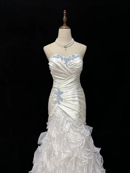 Vintage 90s Mermaid Sweertheart White Satin With Tiered Ruffled Long Prom Dresses Formal Outfit Evening Night Dress RB7828