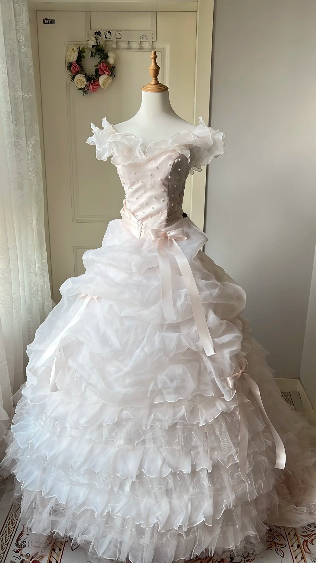 Sweet 15 Quinceanera Dresses Ball Gown Off Shoulder Pink With Tiered Layers Long 16th Birthday Dress RC0698