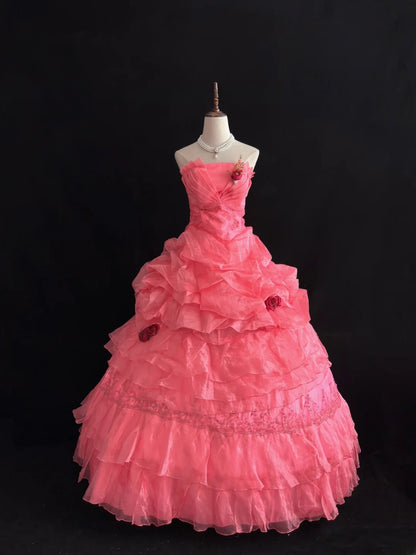Beautiful Ball Gown Strapless Pink Tulle Long With Ruffled Flowers Quince Dress inspo Quinceanera Dresses Sweet 15 16 Outfits RB7829