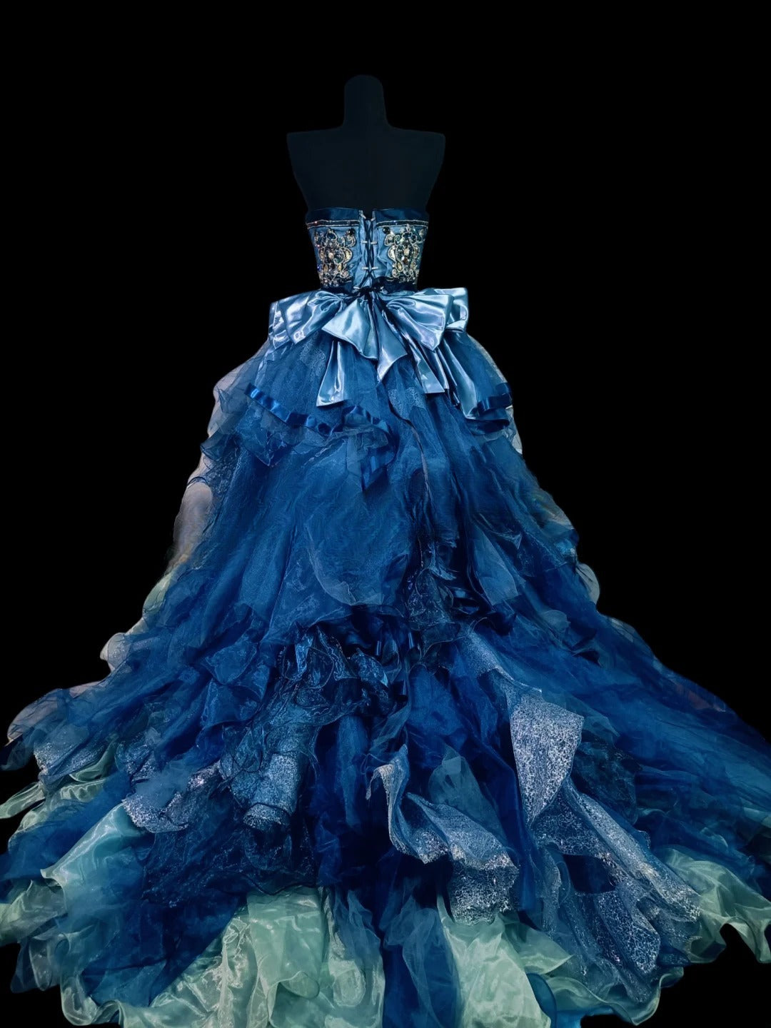 Sexy Ball Gown Strapless Blue Tulle With Tiered Long Prom Dress Inspiration Party For Womens Formal Dresses RB8806