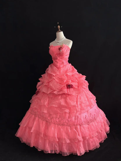 Beautiful Ball Gown Strapless Pink Tulle Long With Ruffled Flowers Quince Dress inspo Quinceanera Dresses Sweet 15 16 Outfits RB7829
