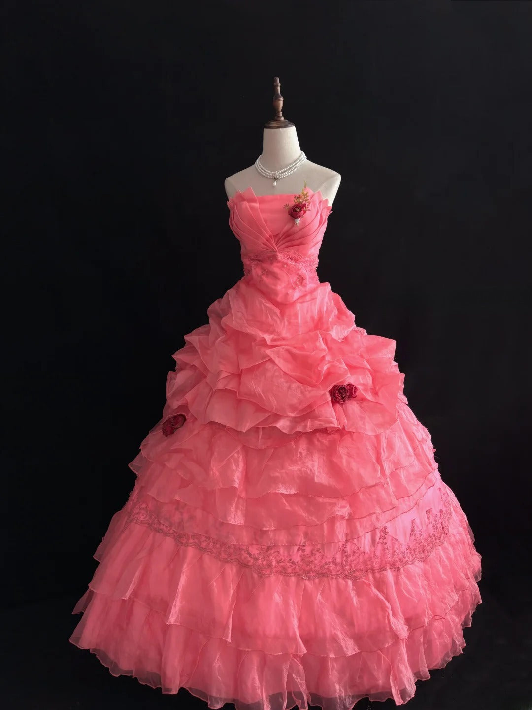 Beautiful Ball Gown Strapless Pink Tulle Long With Ruffled Flowers Quince Dress inspo Quinceanera Dresses Sweet 15 16 Outfits RB7829