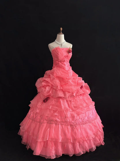 Beautiful Ball Gown Strapless Pink Tulle Long With Ruffled Flowers Quince Dress inspo Quinceanera Dresses Sweet 15 16 Outfits RB7829