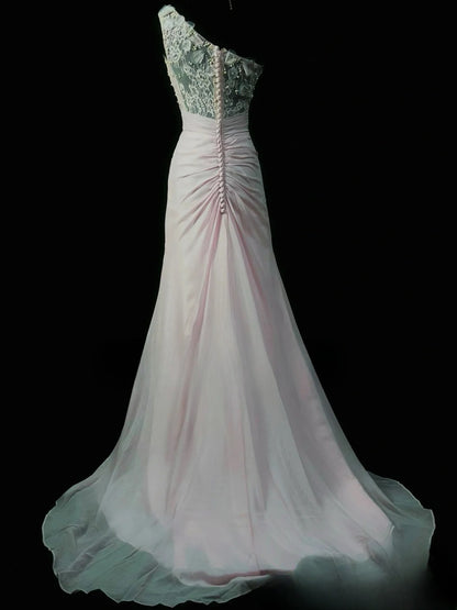 Vintage 2000s Prom Dresses A line One Shoulder Pink Chiffon With Appliqued Long Party Gown Formal Outfits RB6195