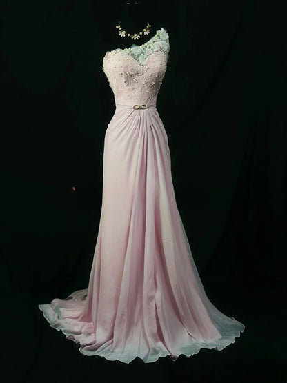Vintage 2000s Prom Dresses A line One Shoulder Pink Chiffon With Appliqued Long Party Gown Formal Outfits RB6195