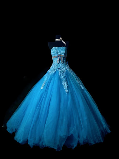 Sexy Ball Gown Strapless Blue Tulle Lace Long Prom Dress Inspiration Party For Womens Formal Dresses RB8804