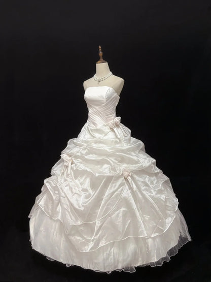 Beautiful Ball Gown Strapless Light Pearl Pink Long With Ruffled Flowers Quince Dress inspo Quinceanera Dresses Sweet 15 16 Outfits RB7830