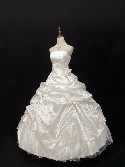 Beautiful Ball Gown Strapless Light Pearl Pink Long With Ruffled Flowers Quince Dress inspo Quinceanera Dresses Sweet 15 16 Outfits RB7830
