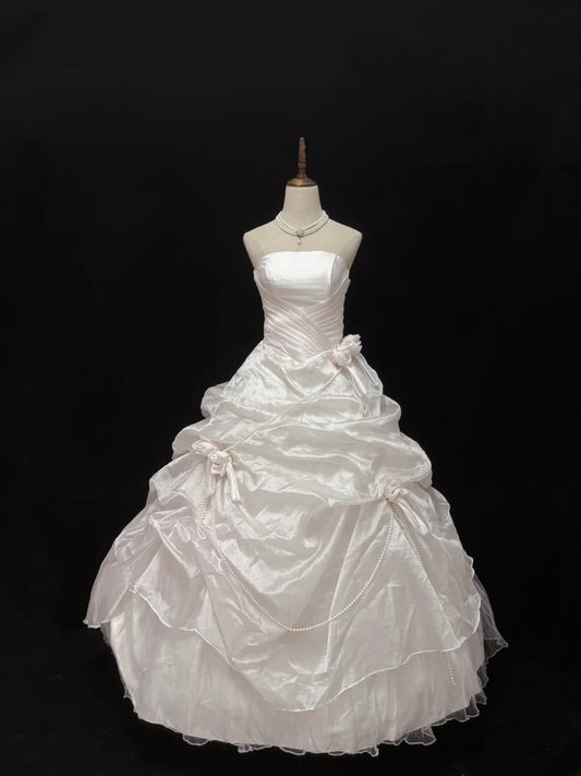 Beautiful Ball Gown Strapless Light Pearl Pink Long With Ruffled Flowers Quince Dress inspo Quinceanera Dresses Sweet 15 16 Outfits RB7830