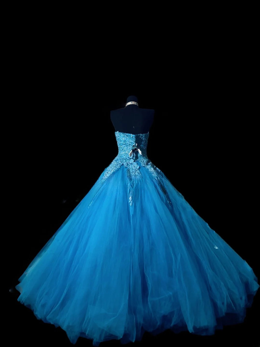 Sexy Ball Gown Strapless Blue Tulle Lace Long Prom Dress Inspiration Party For Womens Formal Dresses RB8804