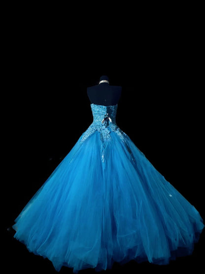 Sexy Ball Gown Strapless Blue Tulle Lace Long Prom Dress Inspiration Party For Womens Formal Dresses RB8804