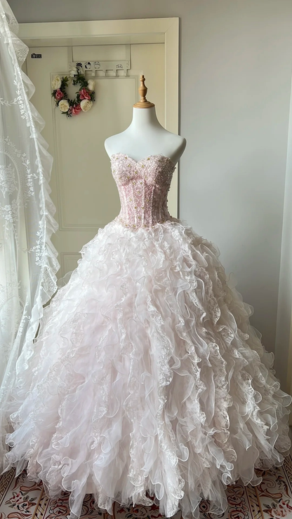 Cute Sweet 16 Dress Long Sweetheart Light Pink With Tiered Layers Lace Ball Gown Sweet Sixteen Birthday Dresses RC0700