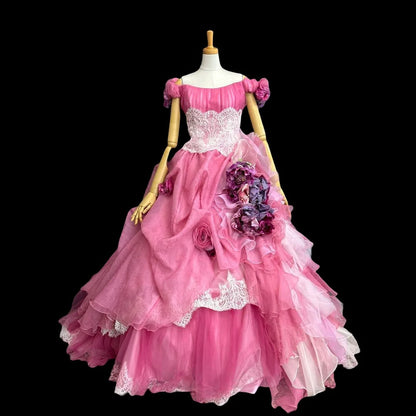 Pretty Ball Gown Pink Off The Shoulder Quinceanera Dresses Floral For Sweet 15 Anos Celebration Birthday Formal Gown RB8805