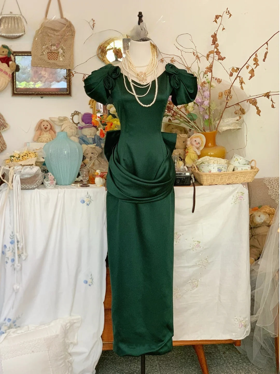 Prom Dress Elegant Sheath V Neck Dark Green With Flowers Formal Evening Gown for Graduation Party RB9407
