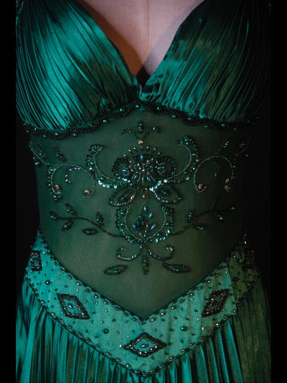 Retro-Abendkleid im 60er-Jahre-Stil: A-Linie, Neckholder, dunkel smaragdgrüner Satin mit Perlen, Inspiration für das Outfit zum 22. Geburtstag, formelles Abendkleid AS377