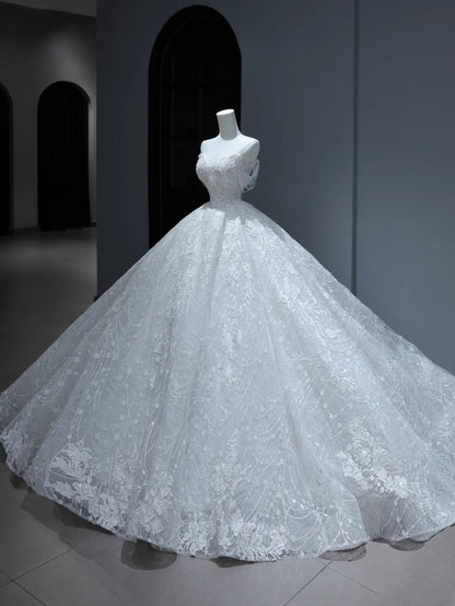 Prinzessinnen-Brautkleid, langes Ballkleid im Sweetheart-Stil mit Quastenschleppe, weißes Spitzenbrautkleid AS377