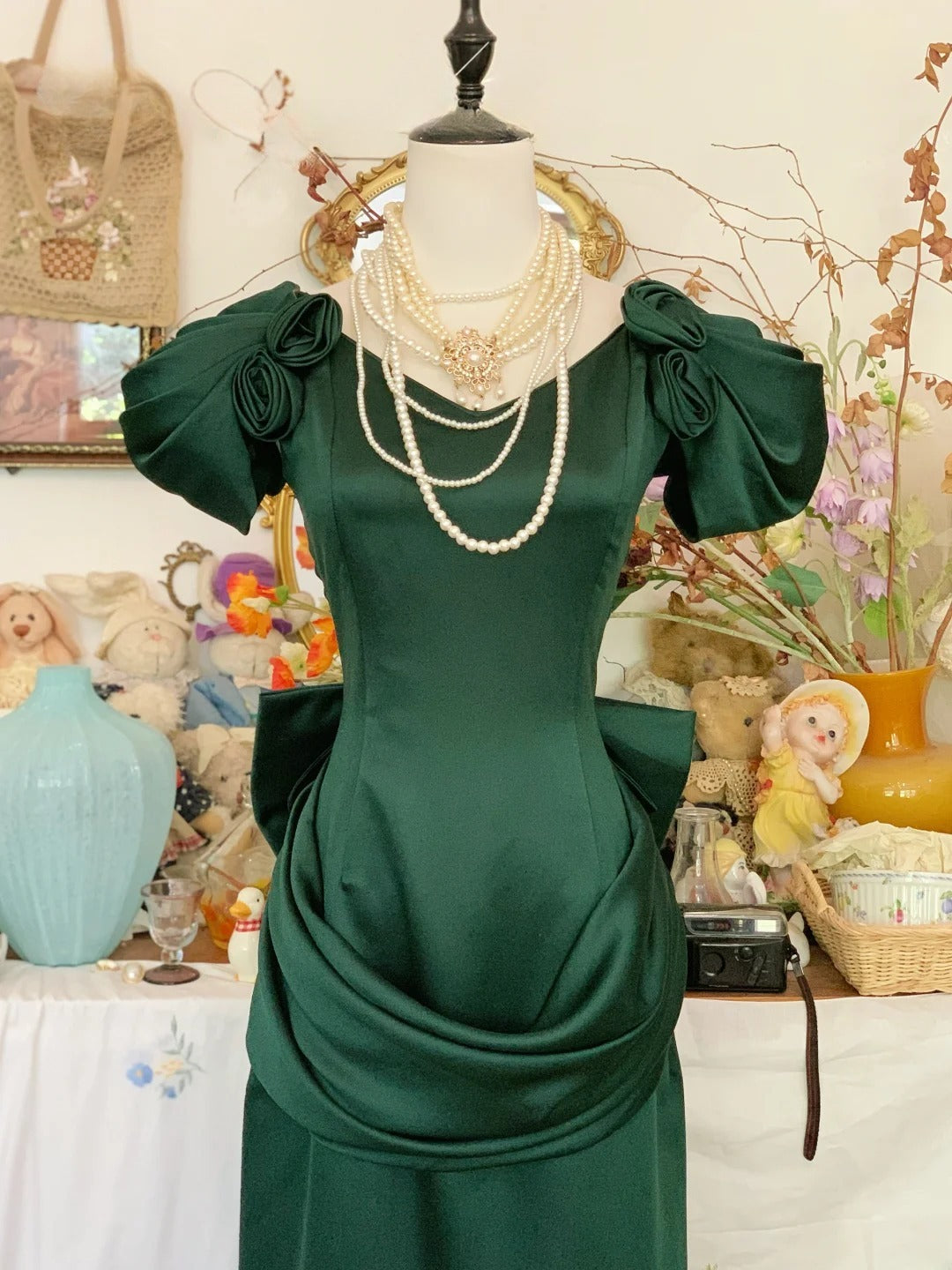 Prom Dress Elegant Sheath V Neck Dark Green With Flowers Formal Evening Gown for Graduation Party RB9407