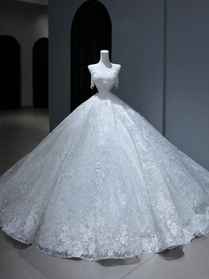 Prinzessinnen-Brautkleid, langes Ballkleid im Sweetheart-Stil mit Quastenschleppe, weißes Spitzenbrautkleid AS377