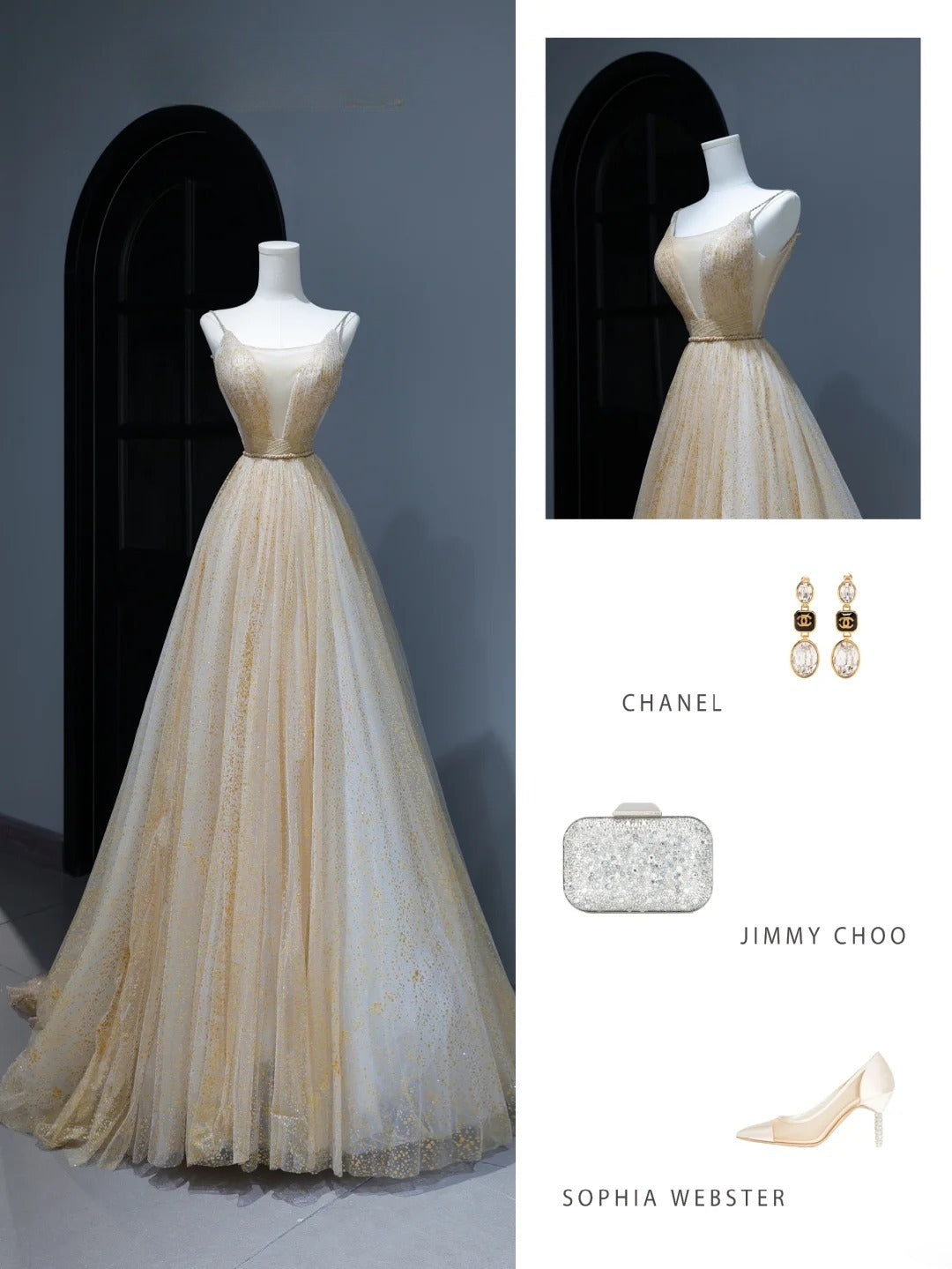 Elegantes, schlichtes Ballkleid im A-Linien-Stil mit Spaghettiträgern aus goldenem Tüll – ein echter Hingucker! Das figurbetonte, lange Abendkleid mit Korsett-Schnitt ist ein Must-have für jeden Anlass. AS378