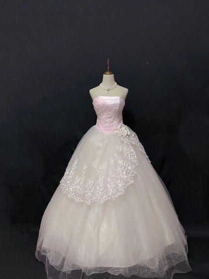 Fairytale Ball Gown Strapless Tulle Long Light Pink With Lace Quince Dress inspo Quinceanera Dresses Sweet 15 16 Outfits RB7834