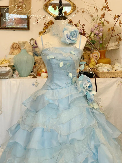 Prom Dress Elegant Ball Gown Spaghetti Straps Blue With Flowers Formal Evening Gown for Graduation Party RB9410