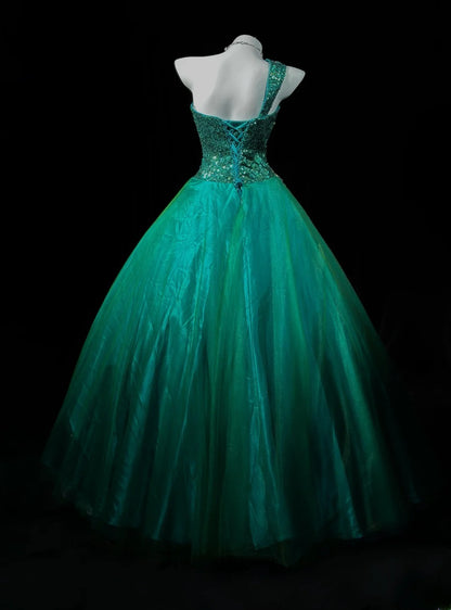 Charming Prom Dresses Ball Gown One Shoulder Dark Green Tulle With Beading Night Evening Formal Outfits RB6200