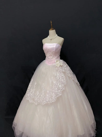 Fairytale Ball Gown Strapless Tulle Long Light Pink With Lace Quince Dress inspo Quinceanera Dresses Sweet 15 16 Outfits RB7834