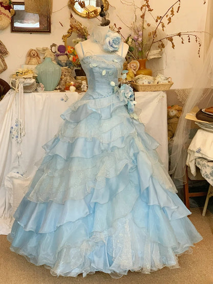 Prom Dress Elegant Ball Gown Spaghetti Straps Blue With Flowers Formal Evening Gown for Graduation Party RB9410