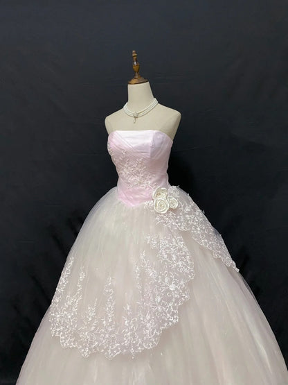 Fairytale Ball Gown Strapless Tulle Long Light Pink With Lace Quince Dress inspo Quinceanera Dresses Sweet 15 16 Outfits RB7834