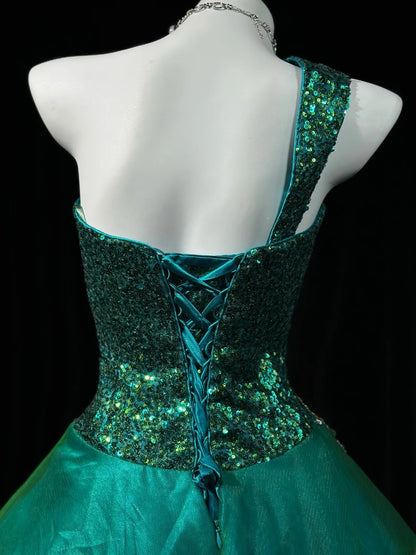Charming Prom Dresses Ball Gown One Shoulder Dark Green Tulle With Beading Night Evening Formal Outfits RB6200