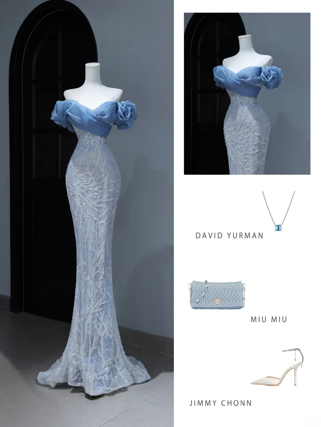 Elegantes, schlichtes Ballkleid im Meerjungfrauenstil mit schulterfreiem Ausschnitt und blauen Pailletten – Inspiration für einen stilvollen Auftritt. Beeindruckendes langes Abendkleid mit Puffärmeln (Modell AS380).