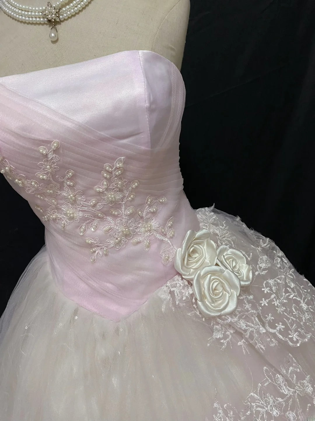Fairytale Ball Gown Strapless Tulle Long Light Pink With Lace Quince Dress inspo Quinceanera Dresses Sweet 15 16 Outfits RB7834