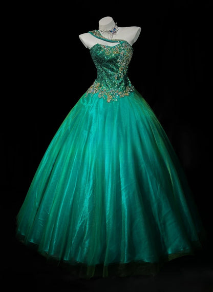 Charming Prom Dresses Ball Gown One Shoulder Dark Green Tulle With Beading Night Evening Formal Outfits RB6200
