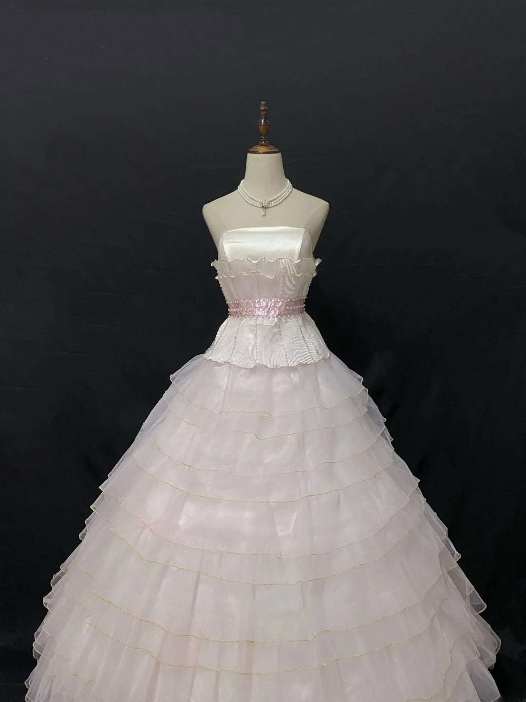 Fairytale Ball Gown Strapless Tulle Long Light Pink With Pearls Quince Dress inspo Quinceanera Dresses Sweet 15 16 Outfits RB7835
