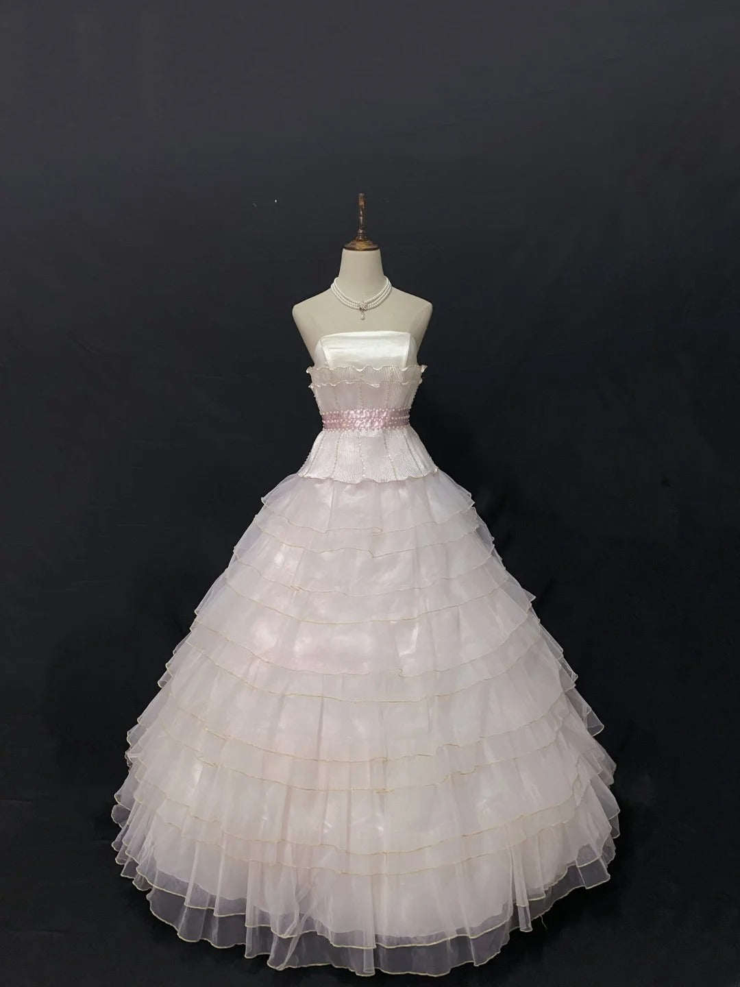 Fairytale Ball Gown Strapless Tulle Long Light Pink With Pearls Quince Dress inspo Quinceanera Dresses Sweet 15 16 Outfits RB7835