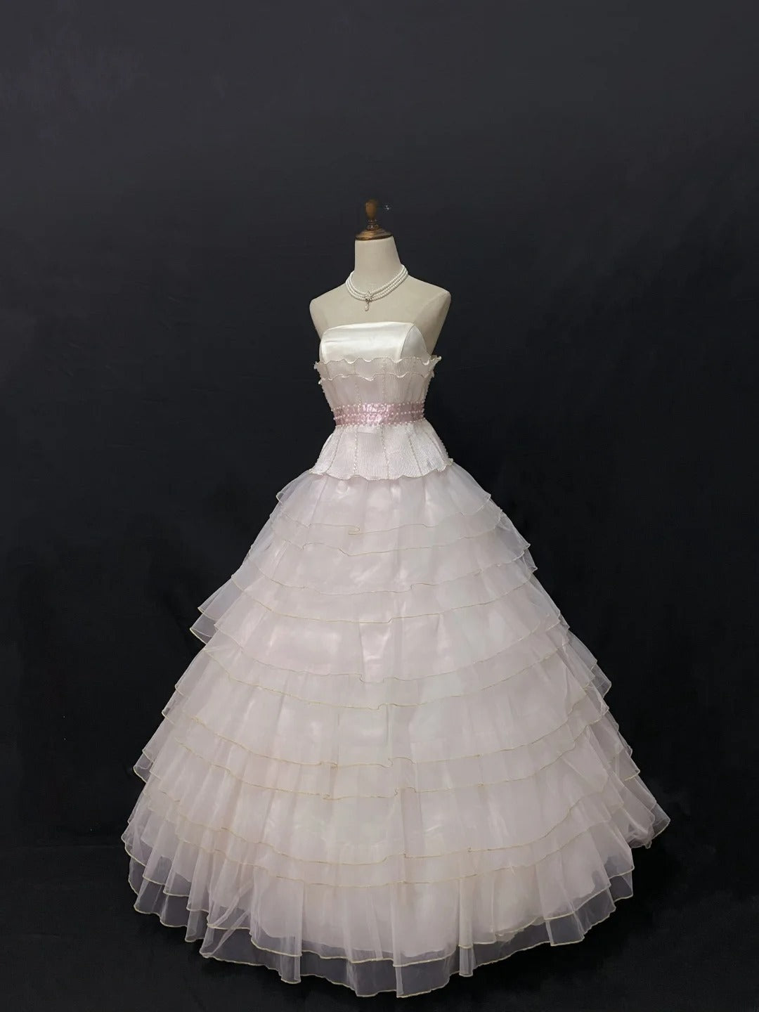 Fairytale Ball Gown Strapless Tulle Long Light Pink With Pearls Quince Dress inspo Quinceanera Dresses Sweet 15 16 Outfits RB7835