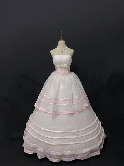 Fairytale Ball Gown Strapless Tulle Long Light Pink With Lace Quince Dress inspo Quinceanera Dresses Sweet 15 16 Outfits RB7836