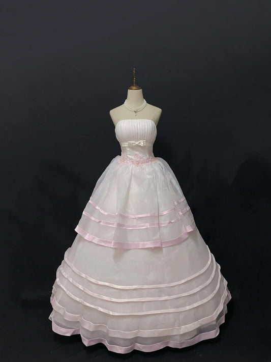 Fairytale Ball Gown Strapless Tulle Long Light Pink With Lace Quince Dress inspo Quinceanera Dresses Sweet 15 16 Outfits RB7836