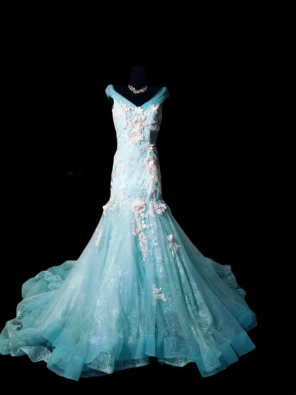Vintage Mermaid V Neck Blue Tulle Lace Long Prom Dress Formal Dress Party Dresses RB7157