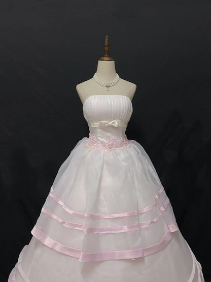 Fairytale Ball Gown Strapless Tulle Long Light Pink With Lace Quince Dress inspo Quinceanera Dresses Sweet 15 16 Outfits RB7836