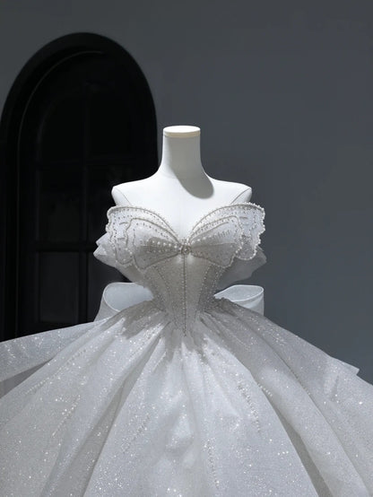 Princess Long Wedding Dress Ball Gown Sweetheart Style for Bride With Silver Beaded Pearls Bodice Train White Bridal Dresses AS382