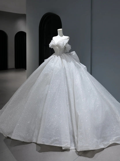 Princess Long Wedding Dress Ball Gown Sweetheart Style for Bride With Silver Beaded Pearls Bodice Train White Bridal Dresses AS382