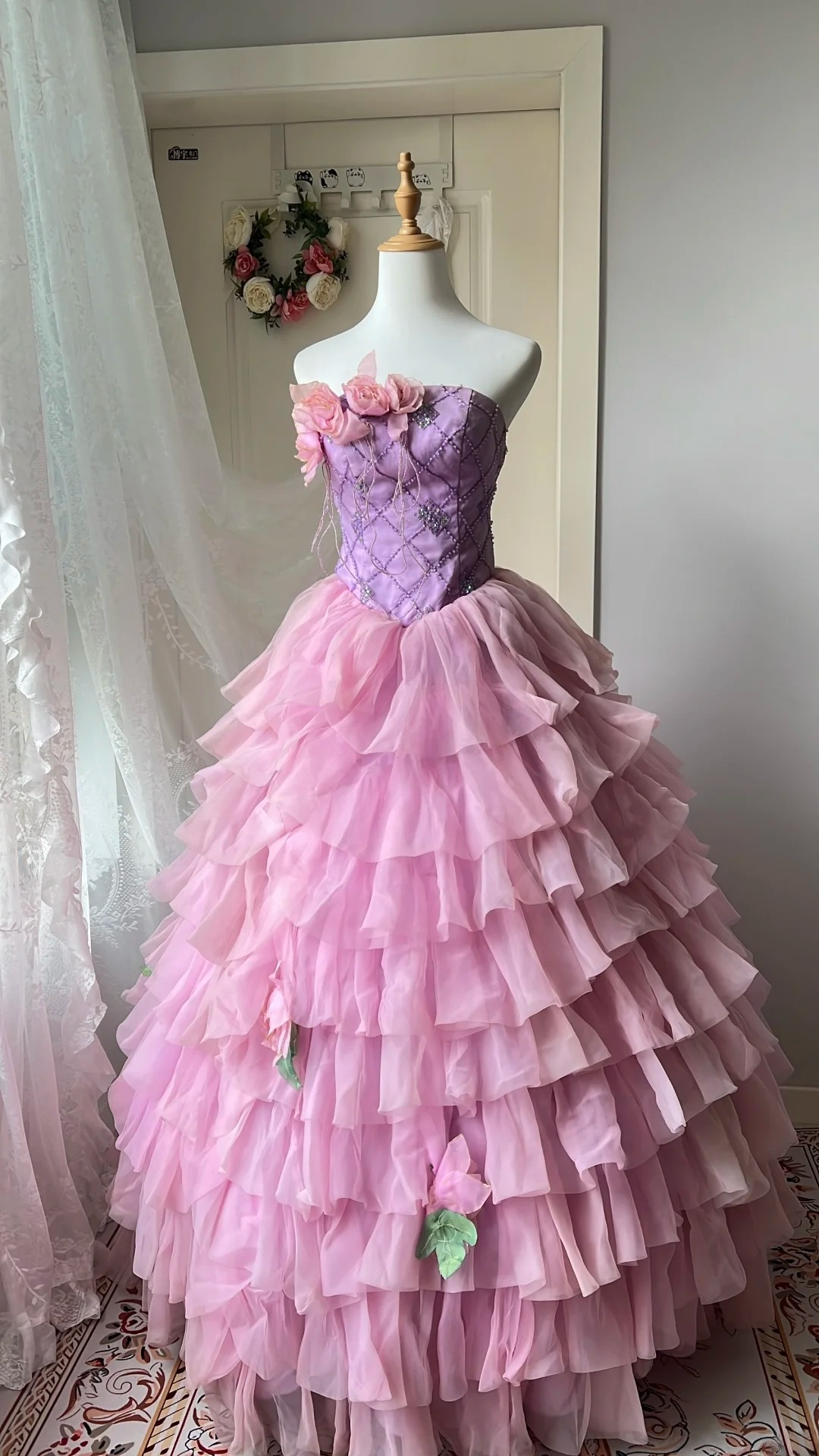 Cute Sweet 16 Dress Long Strapless Pink With Tiered Layers Ball Gown Sweet Sixteen Birthday Dresses RC0706
