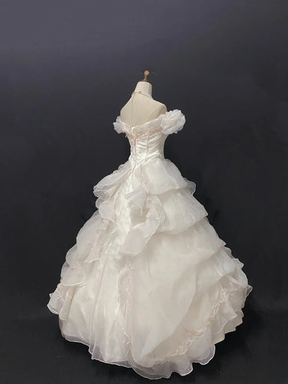 Fairytale Ball Gown Off The Shoulder Tulle Long With Pink Lace Quince Dress inspo Quinceanera Dresses Sweet 15 16 Outfits RB7837